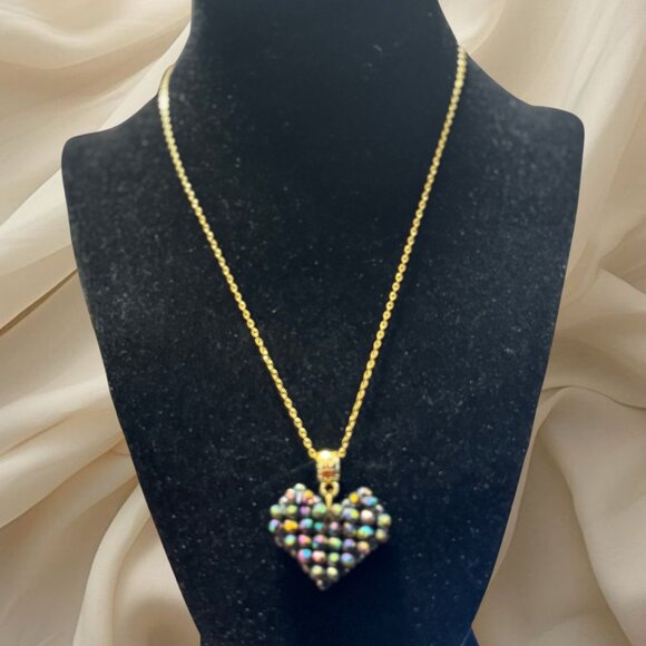 Jewelry - Crystal heart pendant with gold plated chain (black and multicolor crystals)